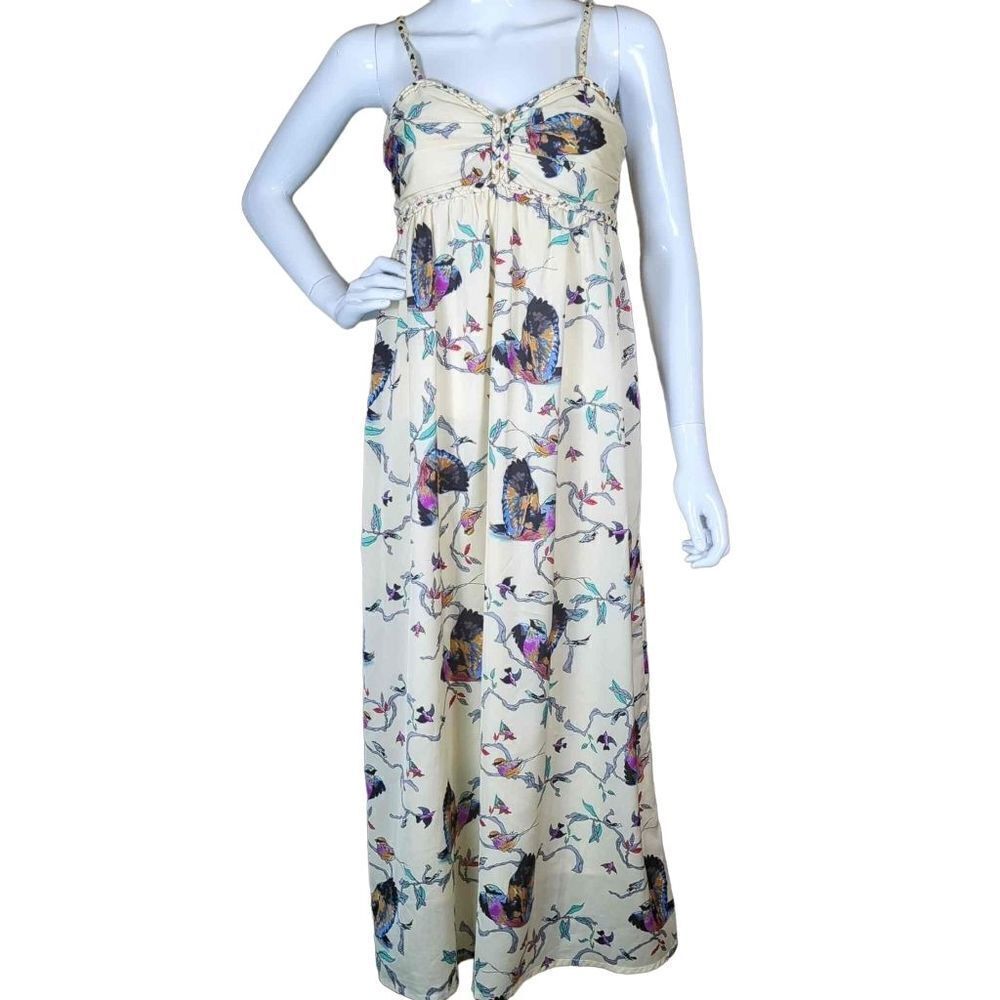 Pink Martini Bird Print Maxi Dress Cream Multicolor Braided Trim XS Garden Party